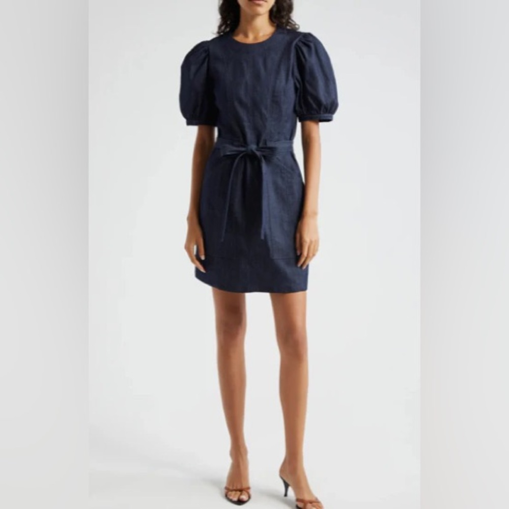 Cinq à Sept Navy Puff Sleeve Denim Mini Dress